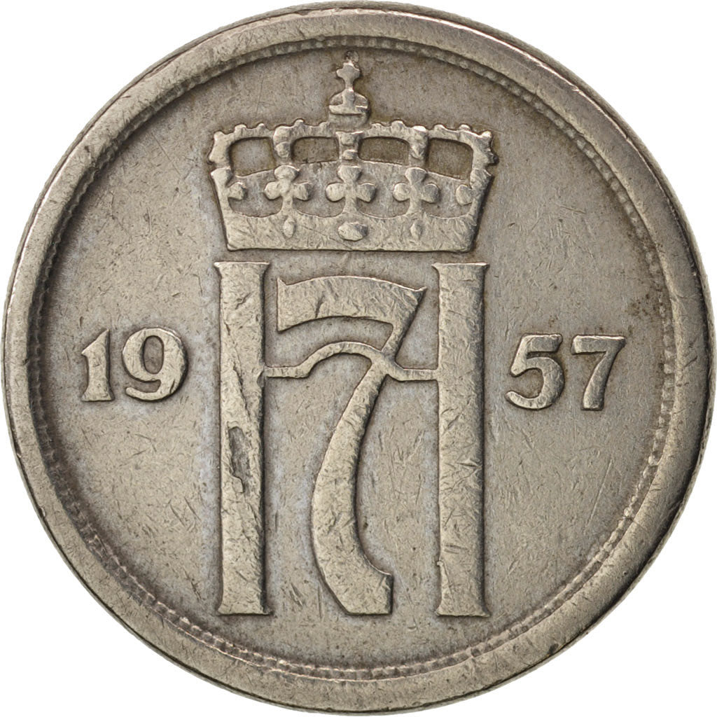 Norway, Haakon VII, 25 Öre, 1957, AU(50-53), Copper-nickel, KM:401