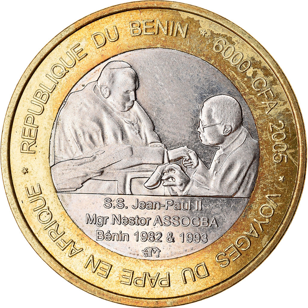 Coin, Benin, IDAO, 6000 CFA, 2005, Pape Jean Paul II, MS(63), Bi-Metallic