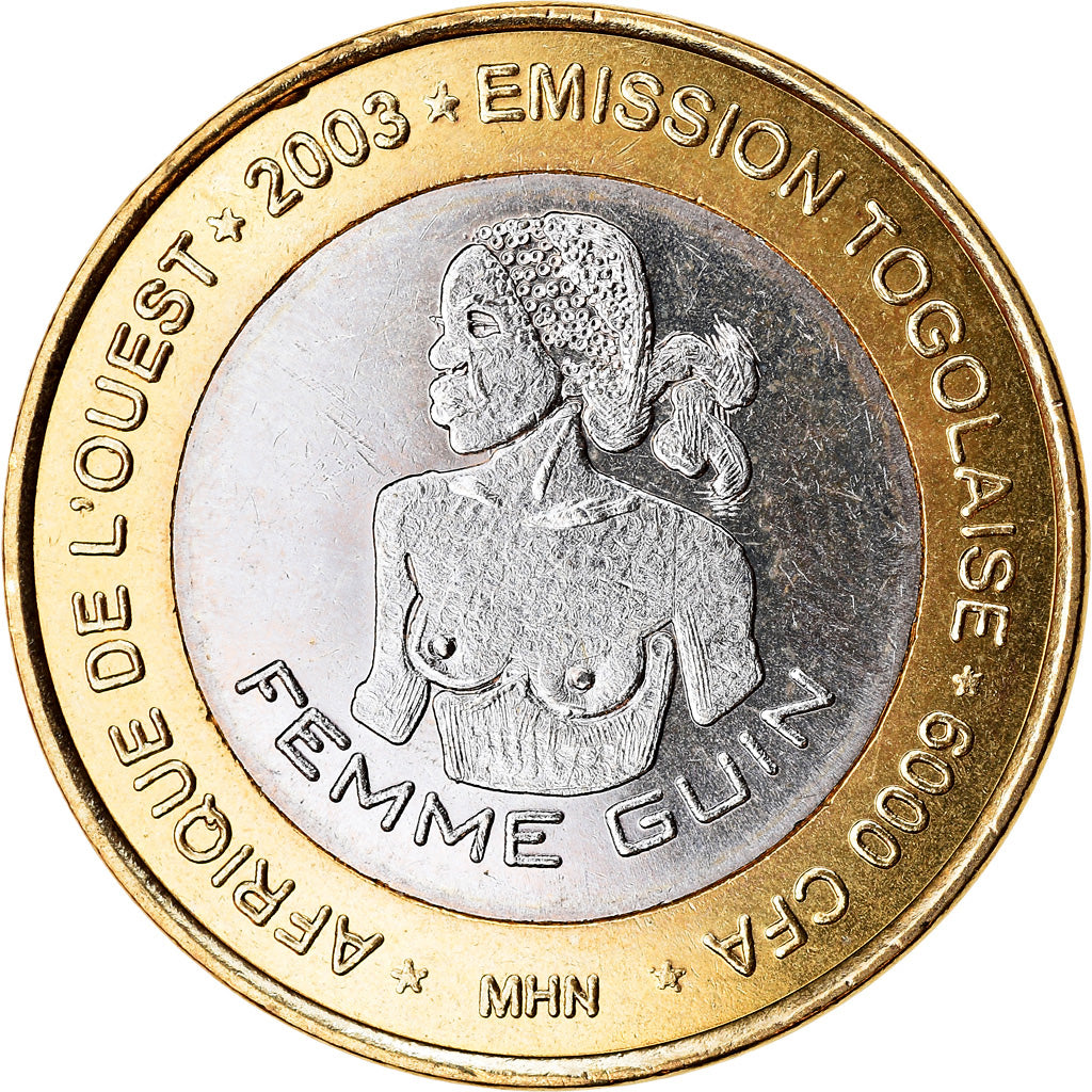 Moneta, Togo, IDAO, 6000 CFA, 2003, Femme Guin, SPL, Bi-metallico
