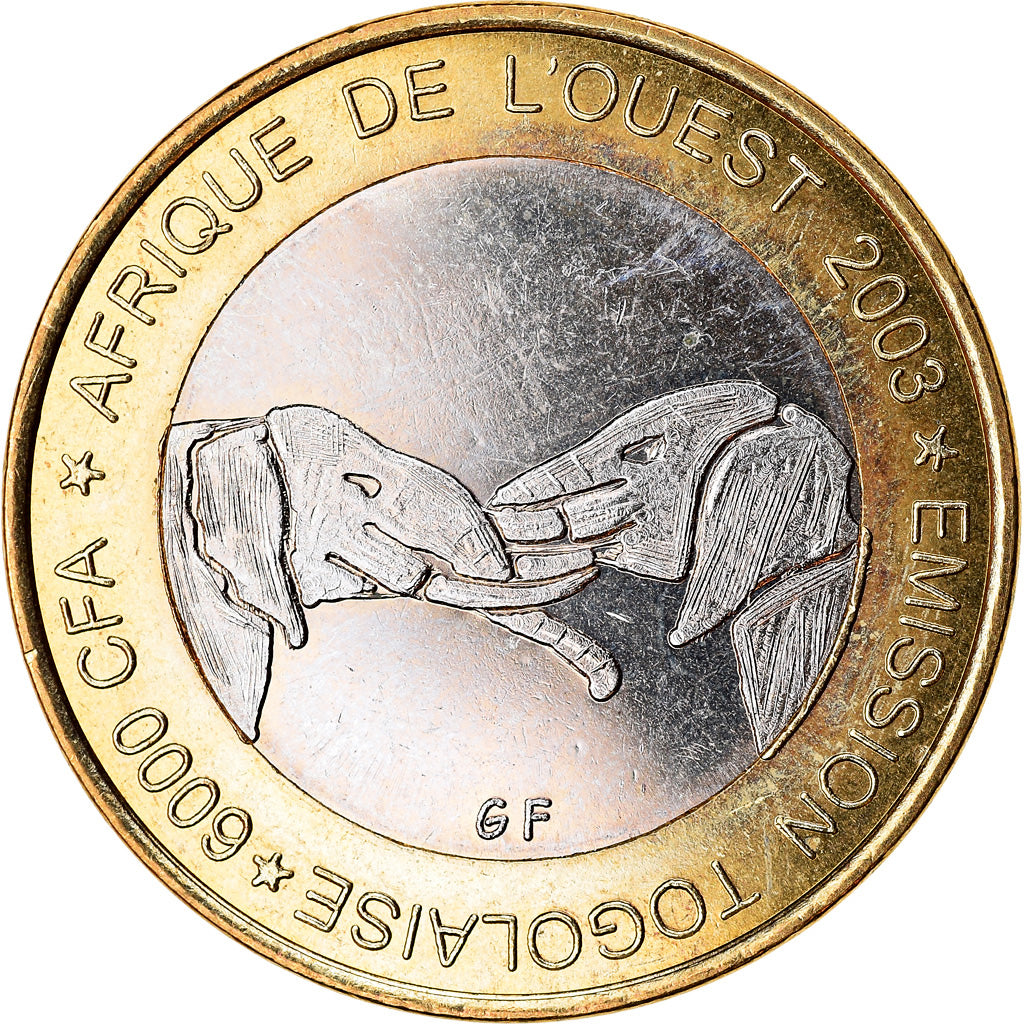 Moneta, Togo, IDAO, 6000 CFA, 2003, Eléphant, SPL, Bi-metallico