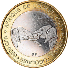 Moneta, Togo, IDAO, 6000 CFA, 2003, Eléphant, SPL, Bi-metallico