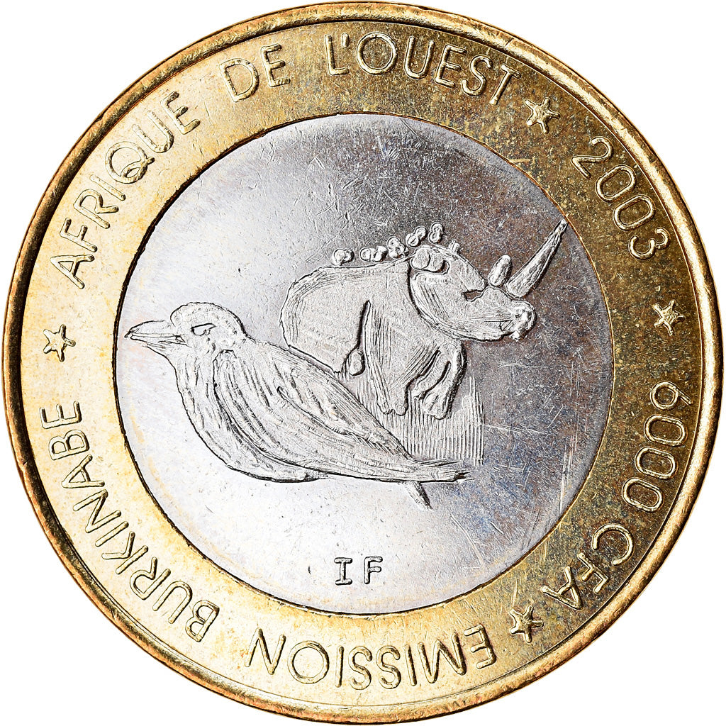Monnaie, Burkina Faso, IDAO, 6000 CFA, 2003, Rhinocéros, SPL, Bi-Metallic