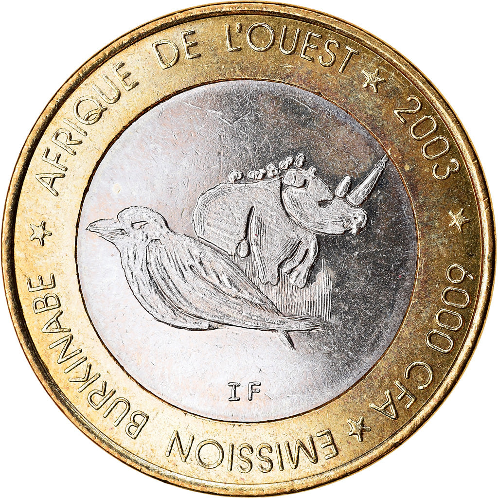 Moneda, Burkina Faso, IDAO, 6000 CFA, 2003, Rhinocéros, SC, Bimetálico