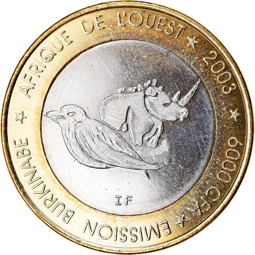 Coin, Burkina Faso, IDAO, 6000 CFA, 2003, Rhinocéros, MS(63), Bi-Metallic