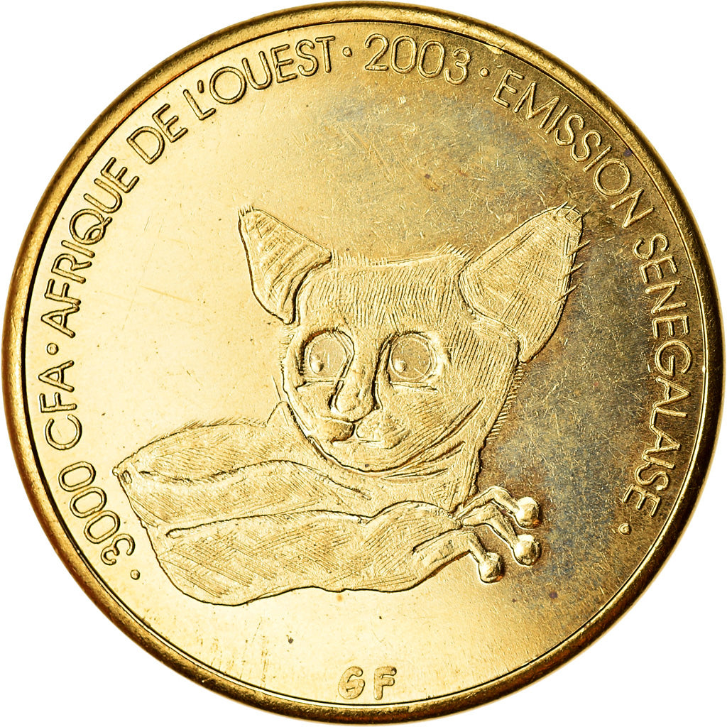 Moneda, Senegal, 3000 CFA Francs-2 Africa, 2003, Galago, SC, Latón, KM:11