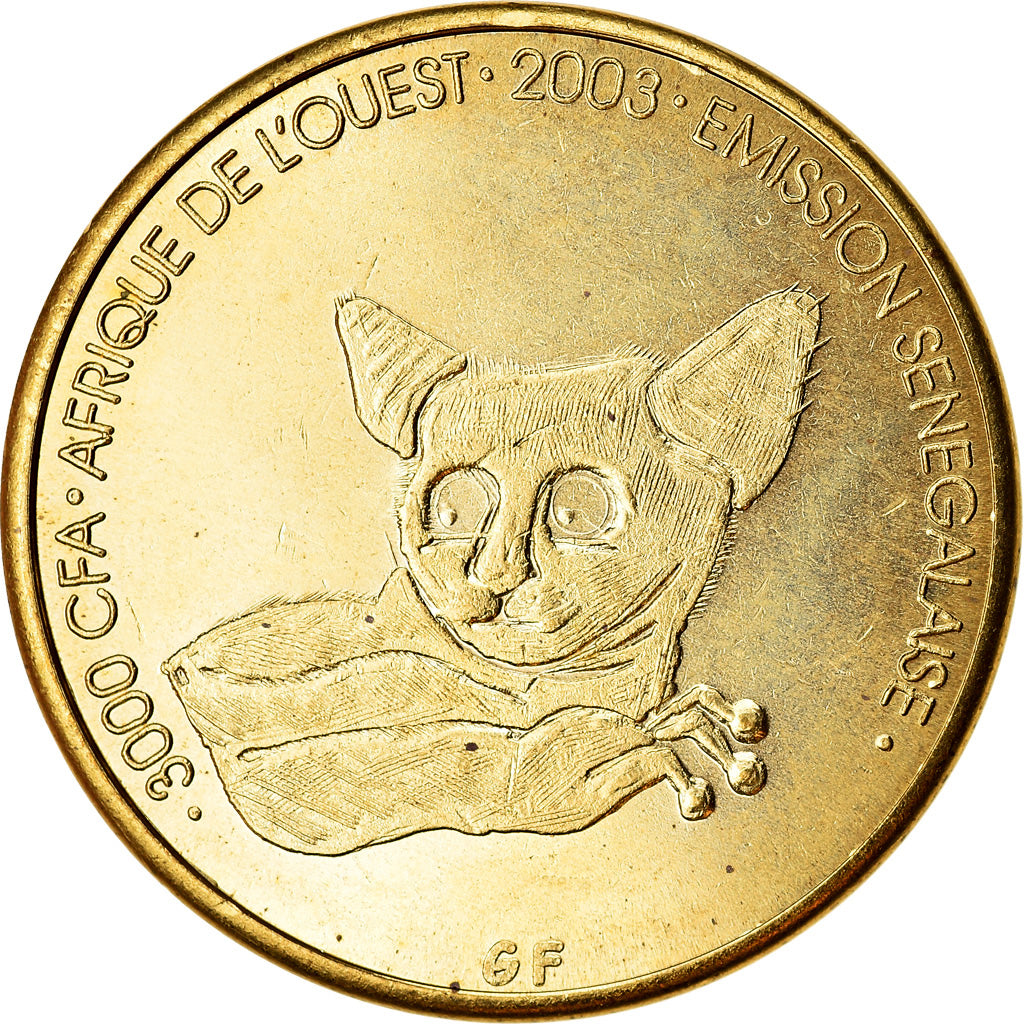 Moneda, Senegal, 3000 CFA Francs-2 Africa, 2003, Galago, SC, Latón, KM:11