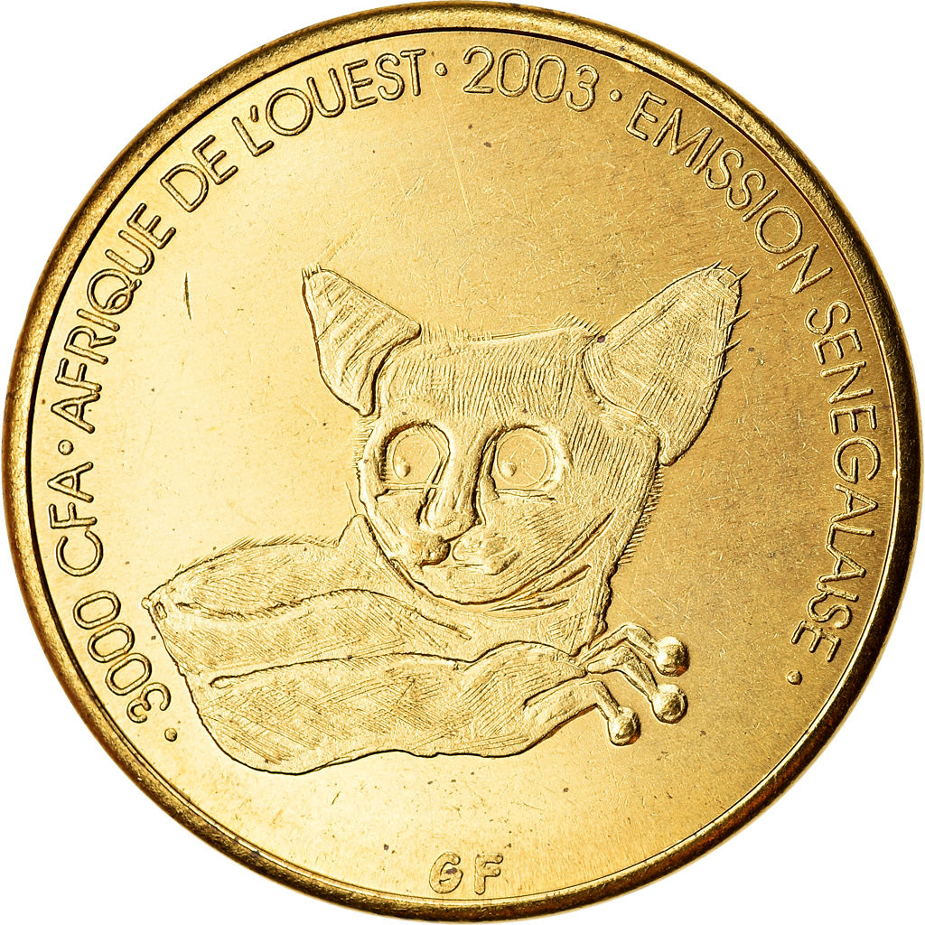 Moneda, Senegal, 3000 CFA Francs-2 Africa, 2003, Galago, SC, Latón, KM:11