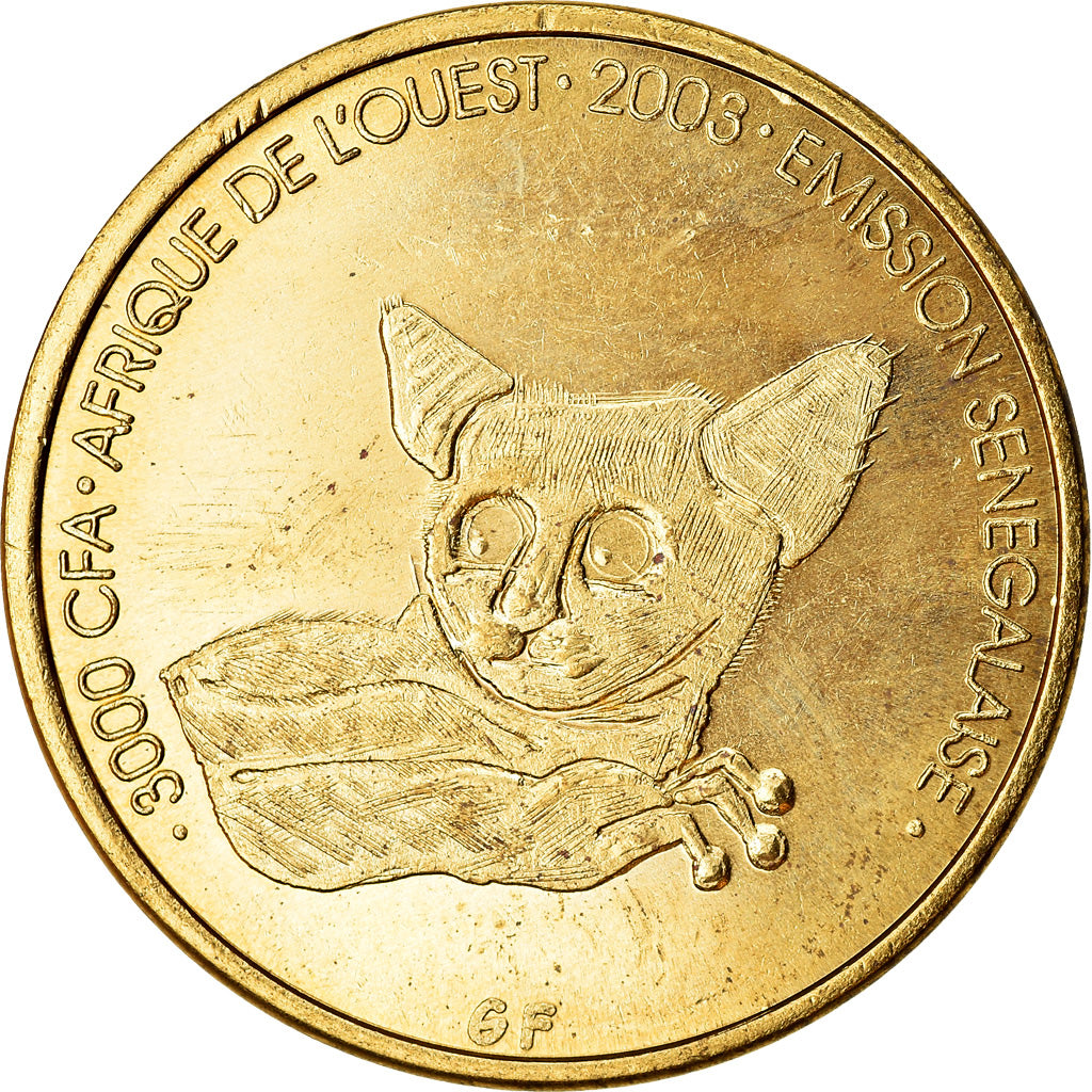 Moneta, Senegal, 3000 CFA Francs-2 Africa, 2003, Galago, SPL, Ottone, KM:11