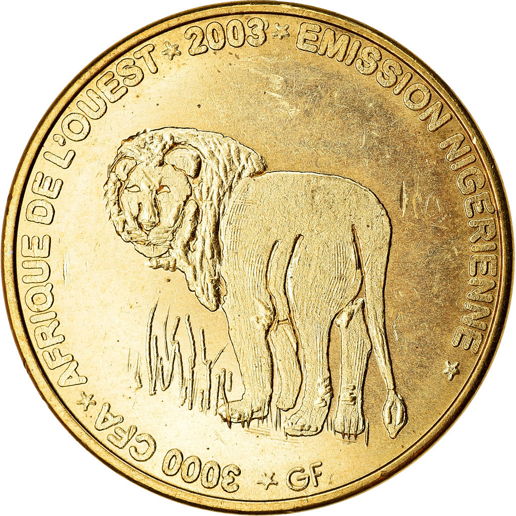 Coin, Niger, 3000 CFA Francs-2 Africa, 2003, Lion, MS(63), Brass, KM:12