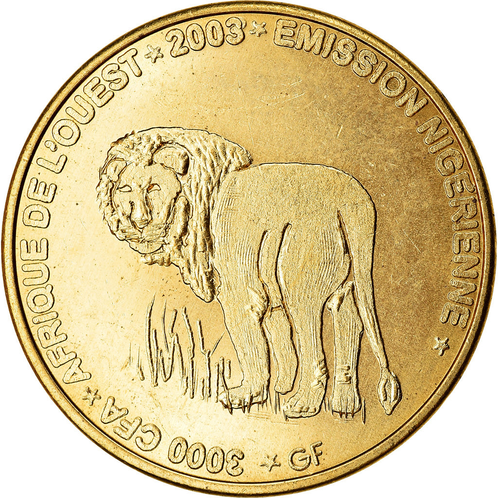 Coin, Niger, 3000 CFA Francs-2 Africa, 2003, Lion, MS(63), Brass, KM:12