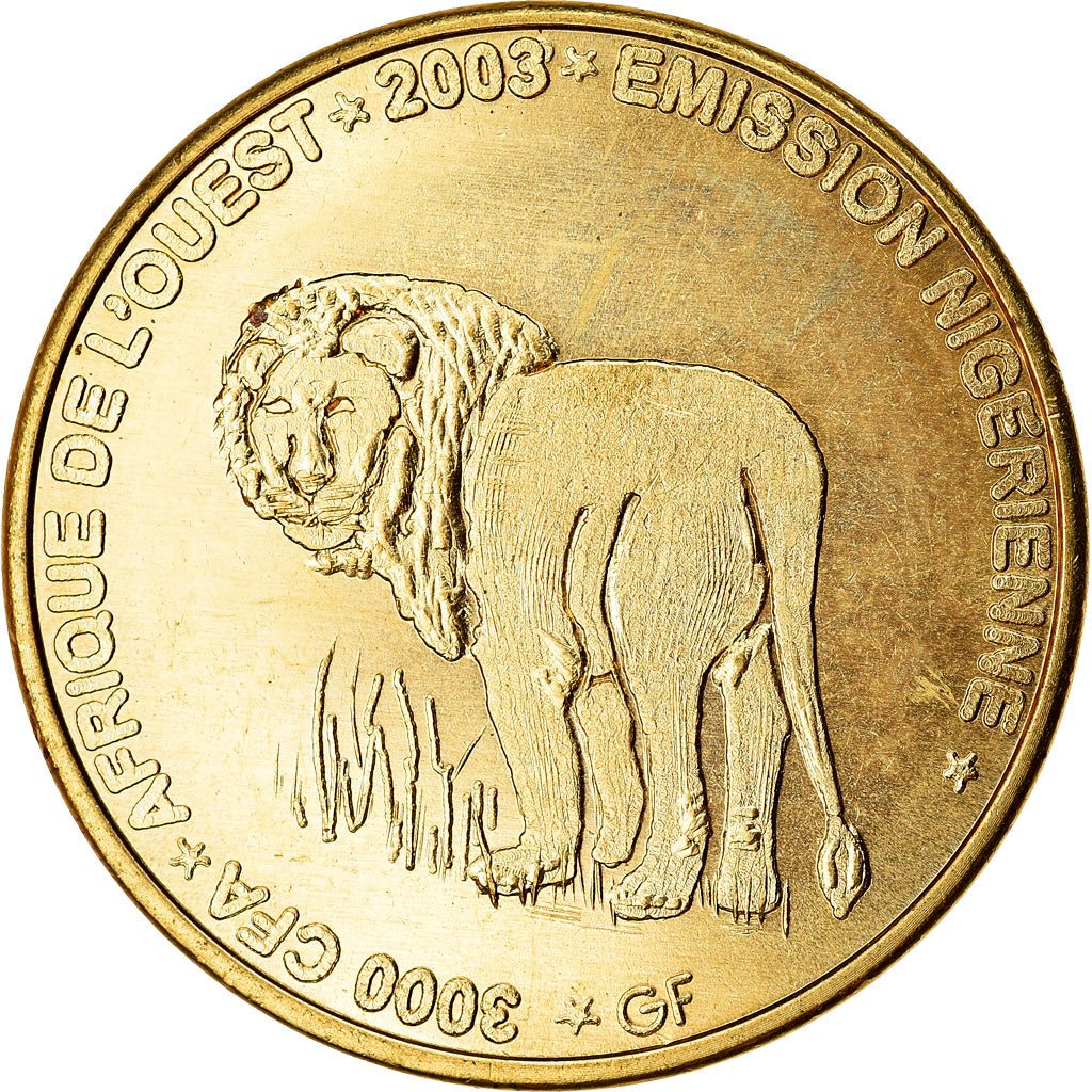 Moneda, Níger, 3000 CFA Francs-2 Africa, 2003, Lion, SC, Latón, KM:12