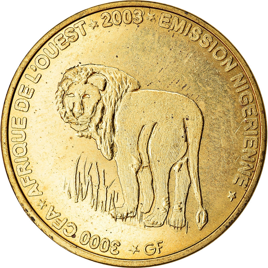 Moneda, Níger, 3000 CFA Francs-2 Africa, 2003, Lion, SC, Latón, KM:12