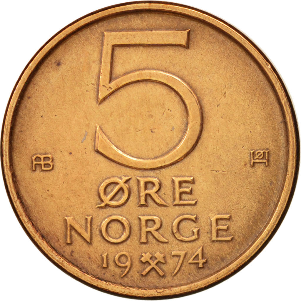 Norway, Olav V, 5 Öre, 1974, EF(40-45), Bronze, KM:415