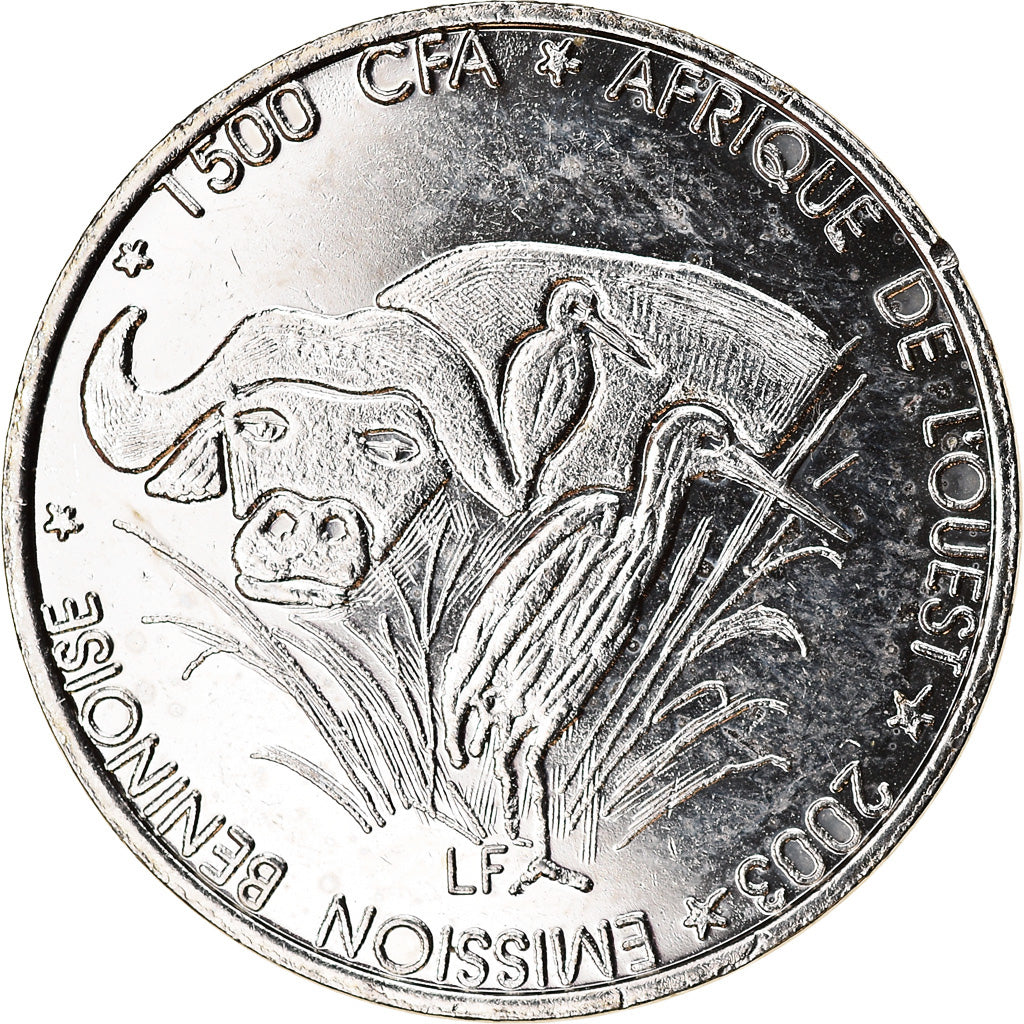 Moneda, Benín, 1500 CFA Francs-1 Africa, 2003, Buffle, SC, Níquel chapado en