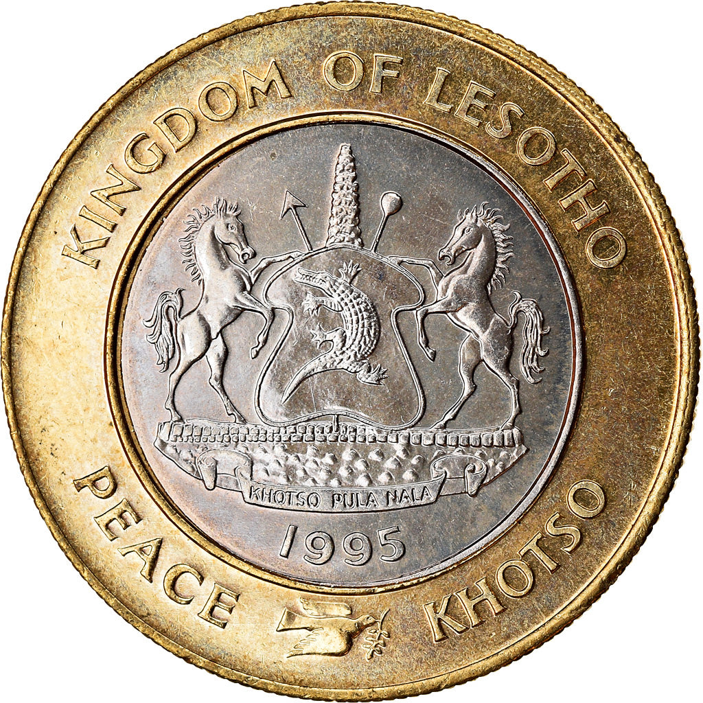 Moneta, Lesotho, Moshoeshoe II, 5 Maloti, 1995, 50ème anniversaire de l'ONU
