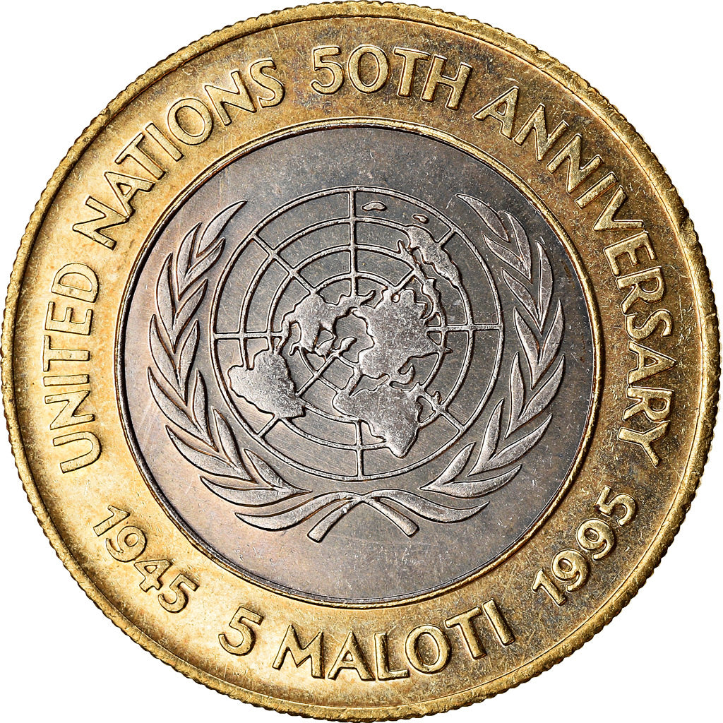 Moneta, Lesotho, Moshoeshoe II, 5 Maloti, 1995, 50ème anniversaire de l'ONU