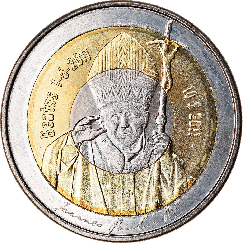 Coin, Antarctic, 10 Dollars, 2011, Pape Jean Paul II, MS(63), Bi-Metallic