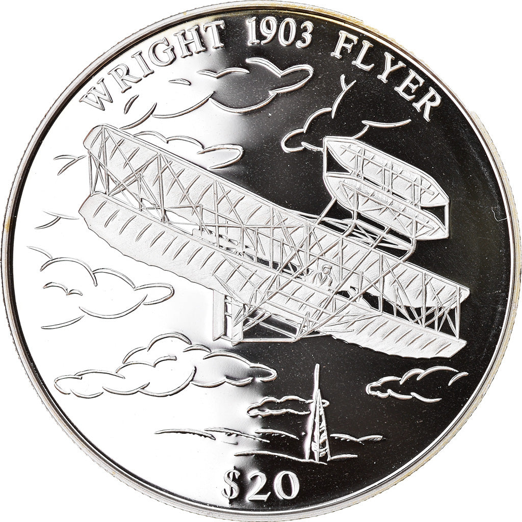 Moneta, Liberia, Wright Flyer, 20 Dollars, 2000, Proof, MS(65-70), Srebro