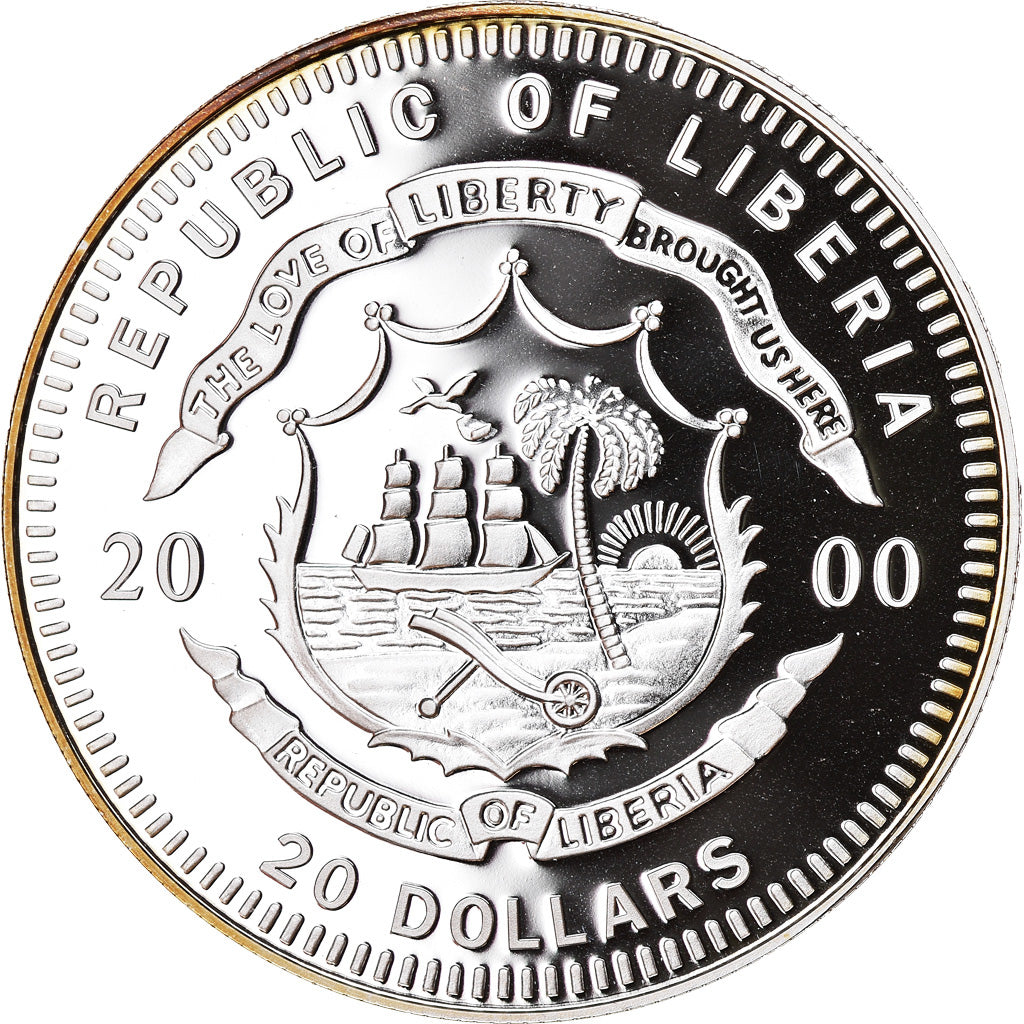 Moneta, Liberia, Wright Flyer, 20 Dollars, 2000, Proof, MS(65-70), Srebro