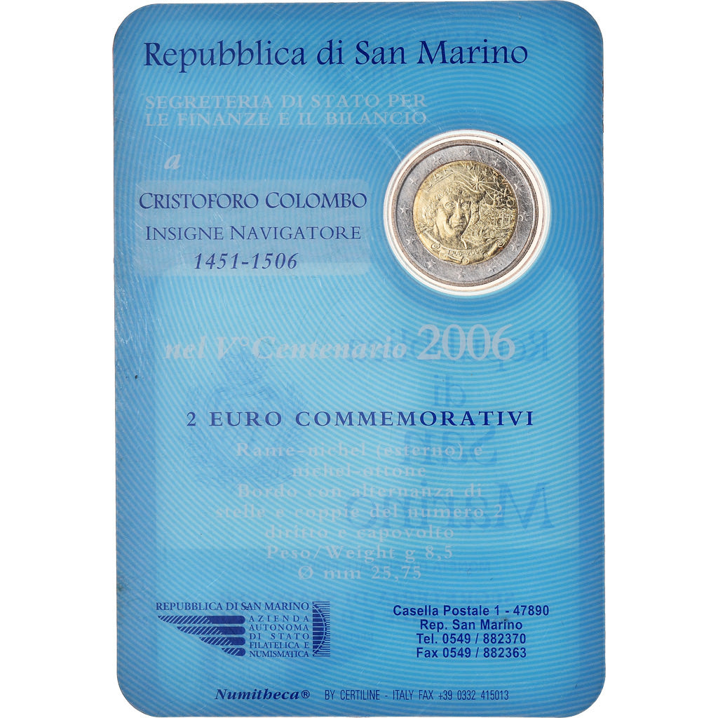 San Marino, 2 Euro, Christophe Colomb, 2006, BU, MS(65-70), Bimetallic, KM:478