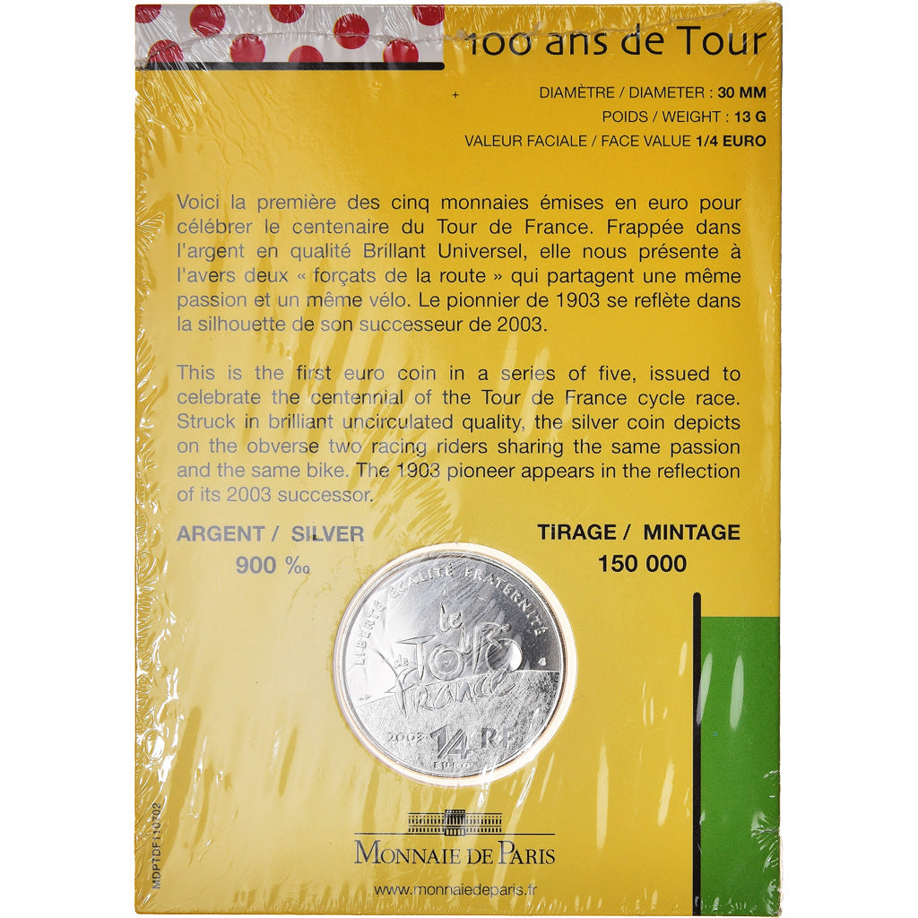 França, 1/4 Euro, Centenaire Du Tour De France, 2003, BU, MS(65-70), Prata