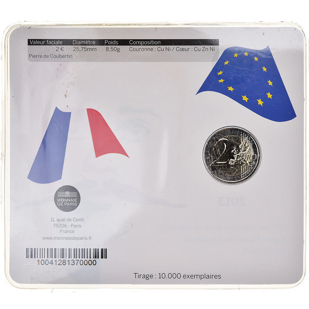 France, 2 Euro, Pierre de Coubertin, 2013, BU, MS(65-70), Bi-Metallic
