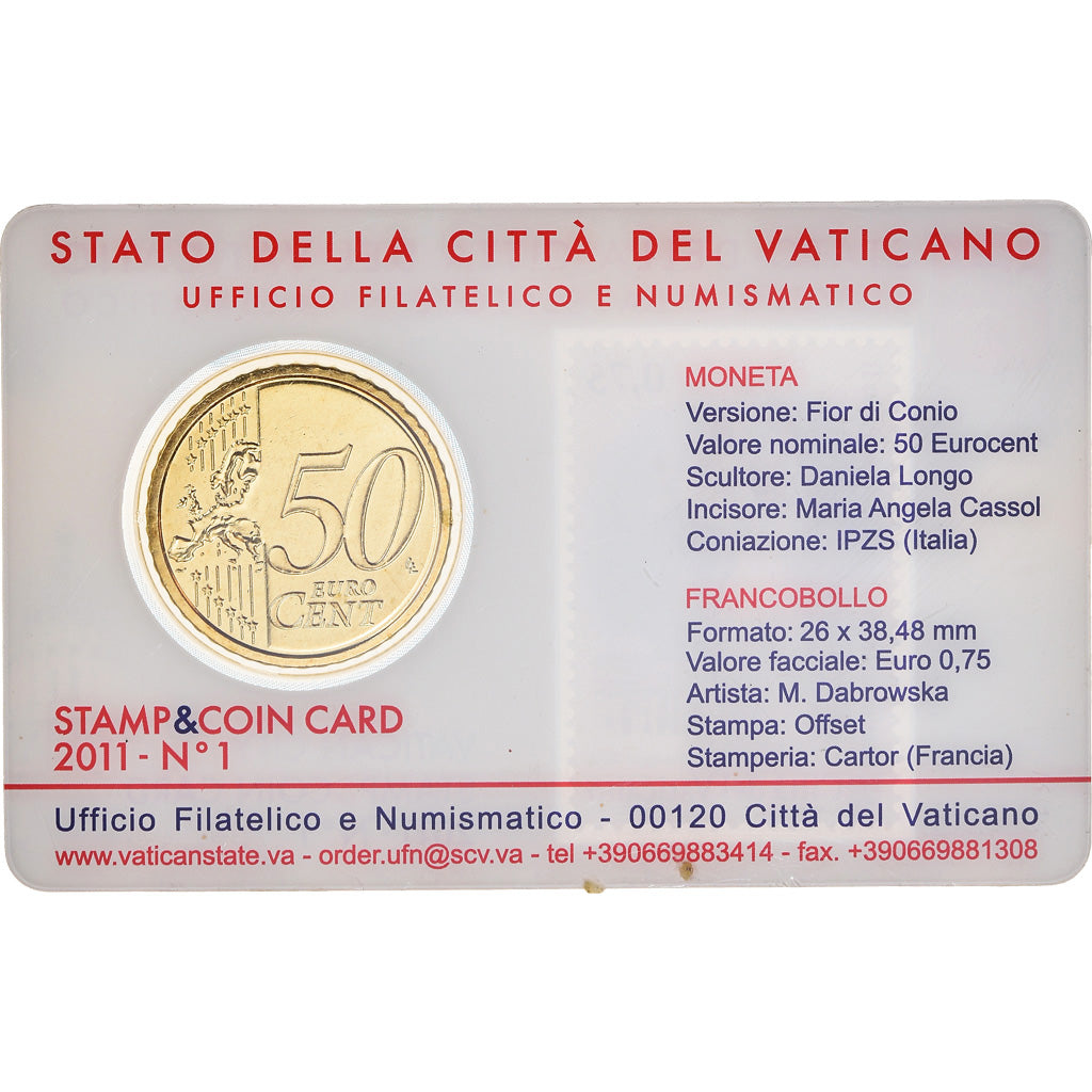 CITTÀ DEL VATICANO, 50 Euro Cent, 2011, Stamp and coin card, FDC, Ottone