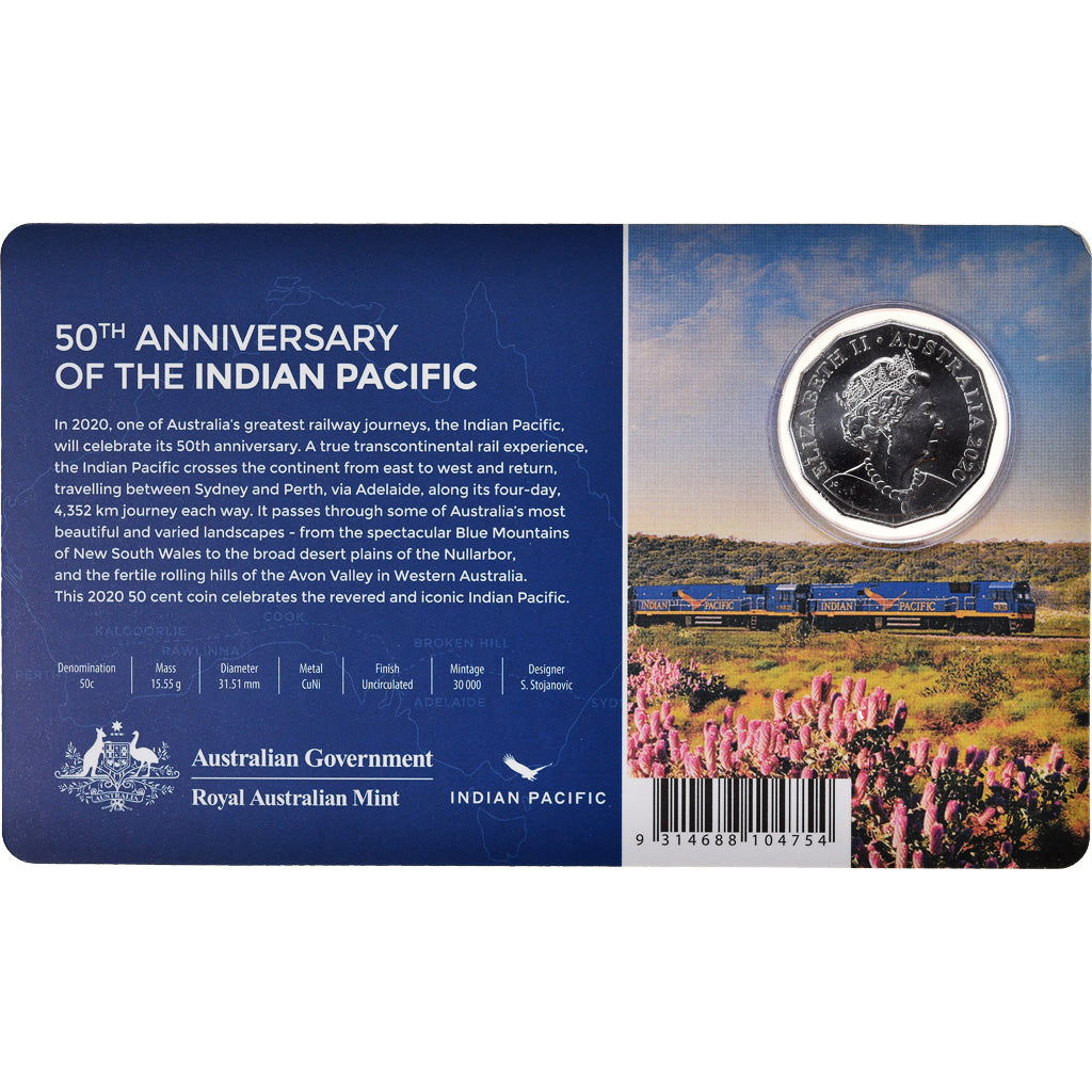 Munten, Australië, 50ème anniversaire de l'Indian Pacific, 50 Cents, 2020