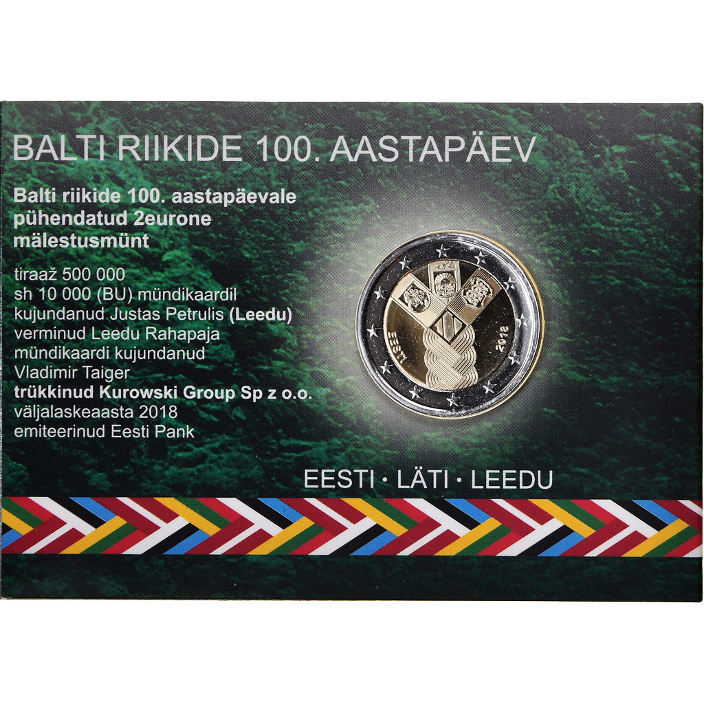 Estonia, 2 Euro, 100 ans des pays baltes, 2018, MS(65-70), Bi-Metallic