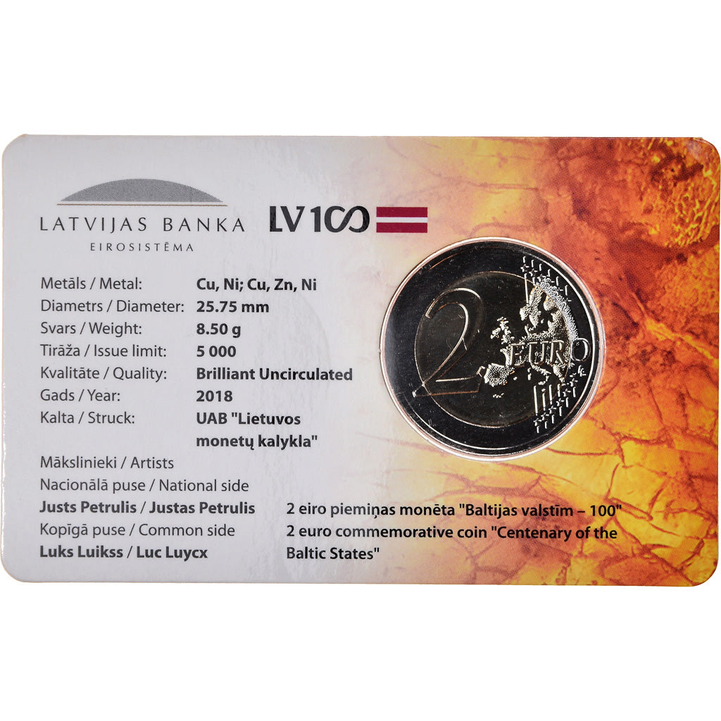 Latvia, 2 Euro, 100 ans des pays baltes, 2018, MS(65-70), Bi-Metallic