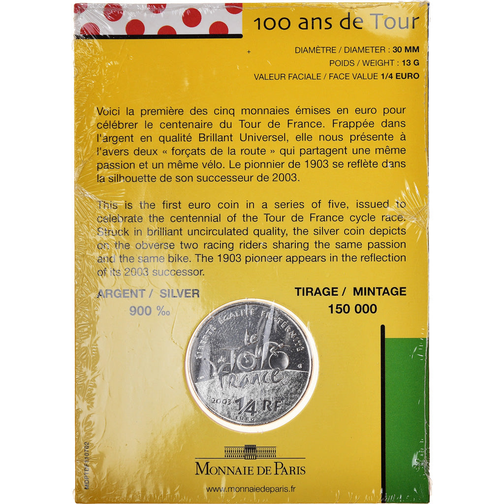 France, 1/4 Euro, Centenaire Du Tour De France, 2003, BU, MS(65-70), Silver