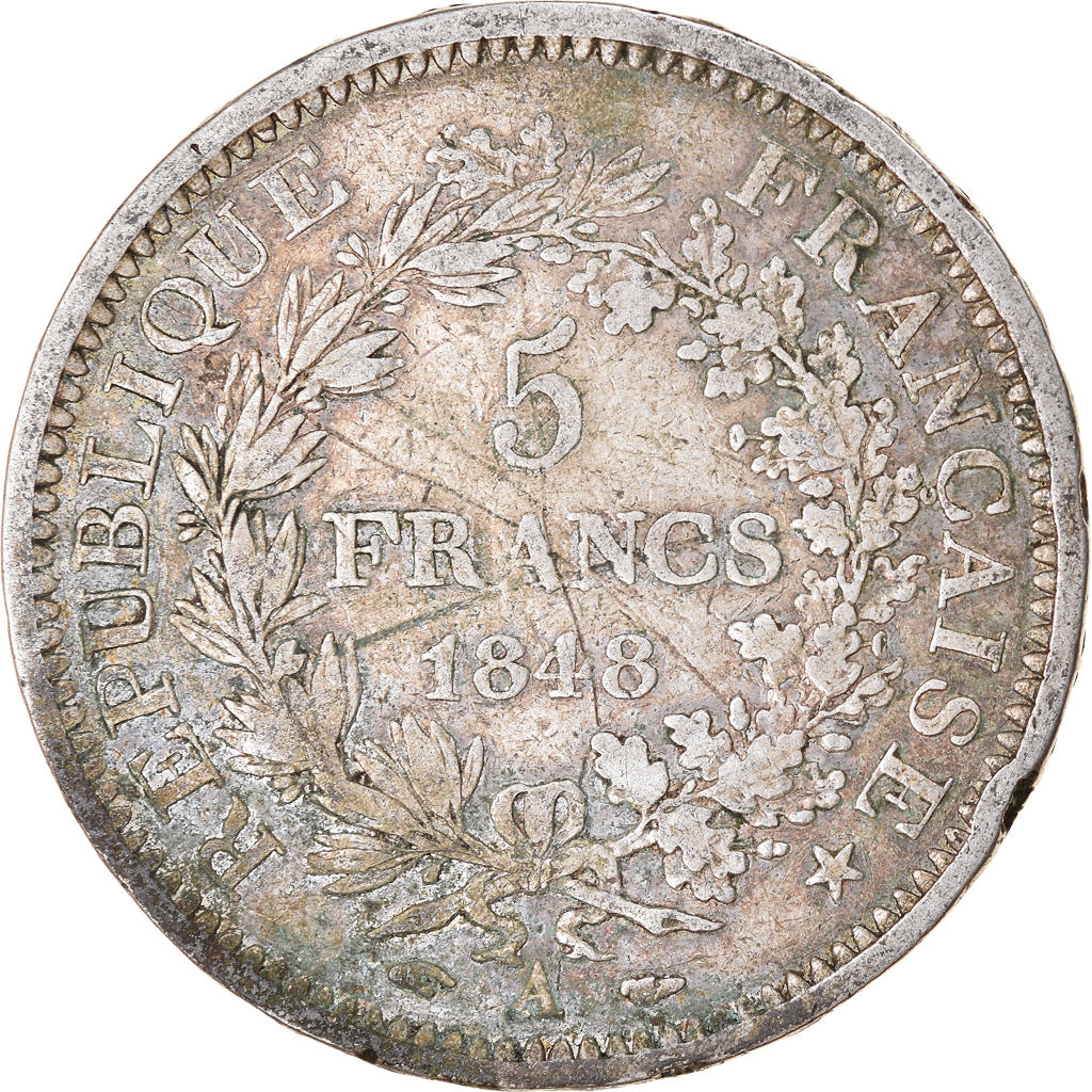 Moneta, Francia, Hercule, 5 Francs, 1848, Paris, B+, Argento, KM:756.1