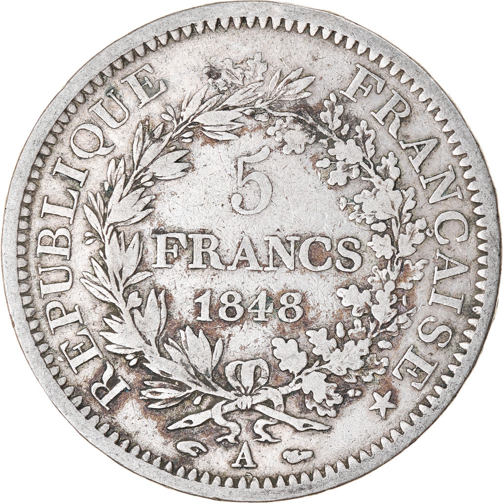Moneta, Francia, Hercule, 5 Francs, 1848, Paris, B+, Argento, KM:756.1
