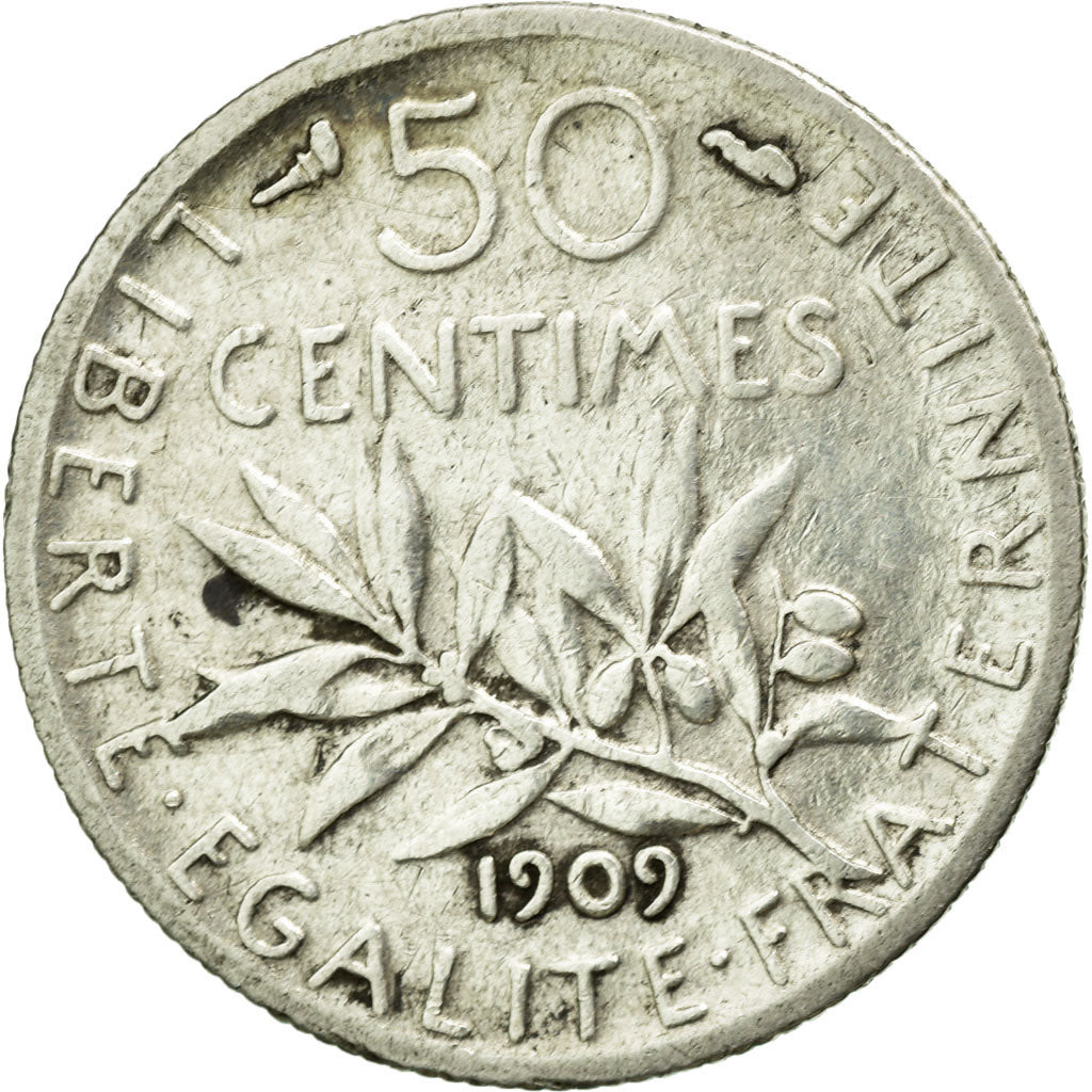 Monnaie, France, Semeuse, 50 Centimes, 1909, Paris, TB+, Argent, KM:854