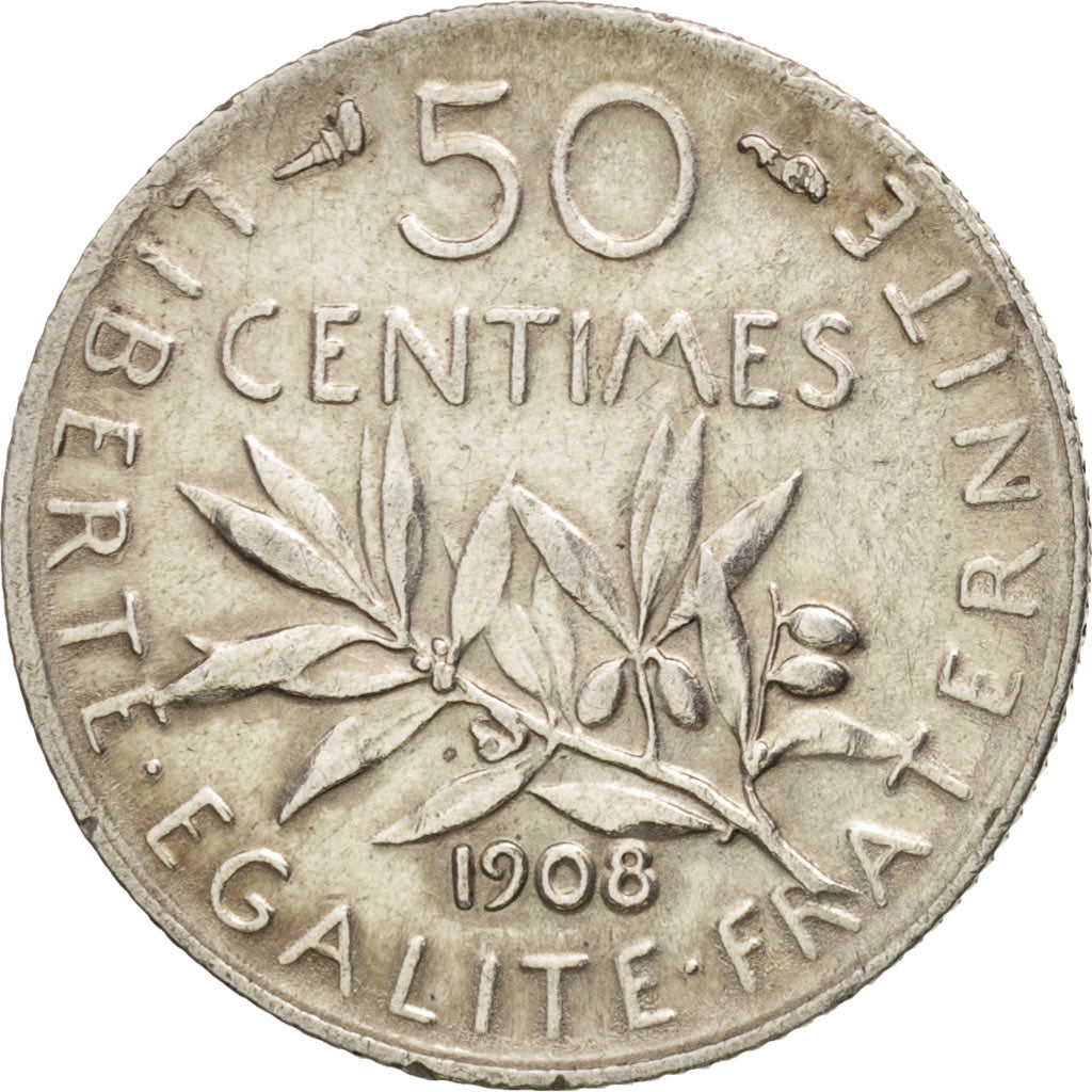 France, Semeuse, 50 Centimes, 1908, Paris, AU(50-53), Silver, KM:854,Gadoury 420