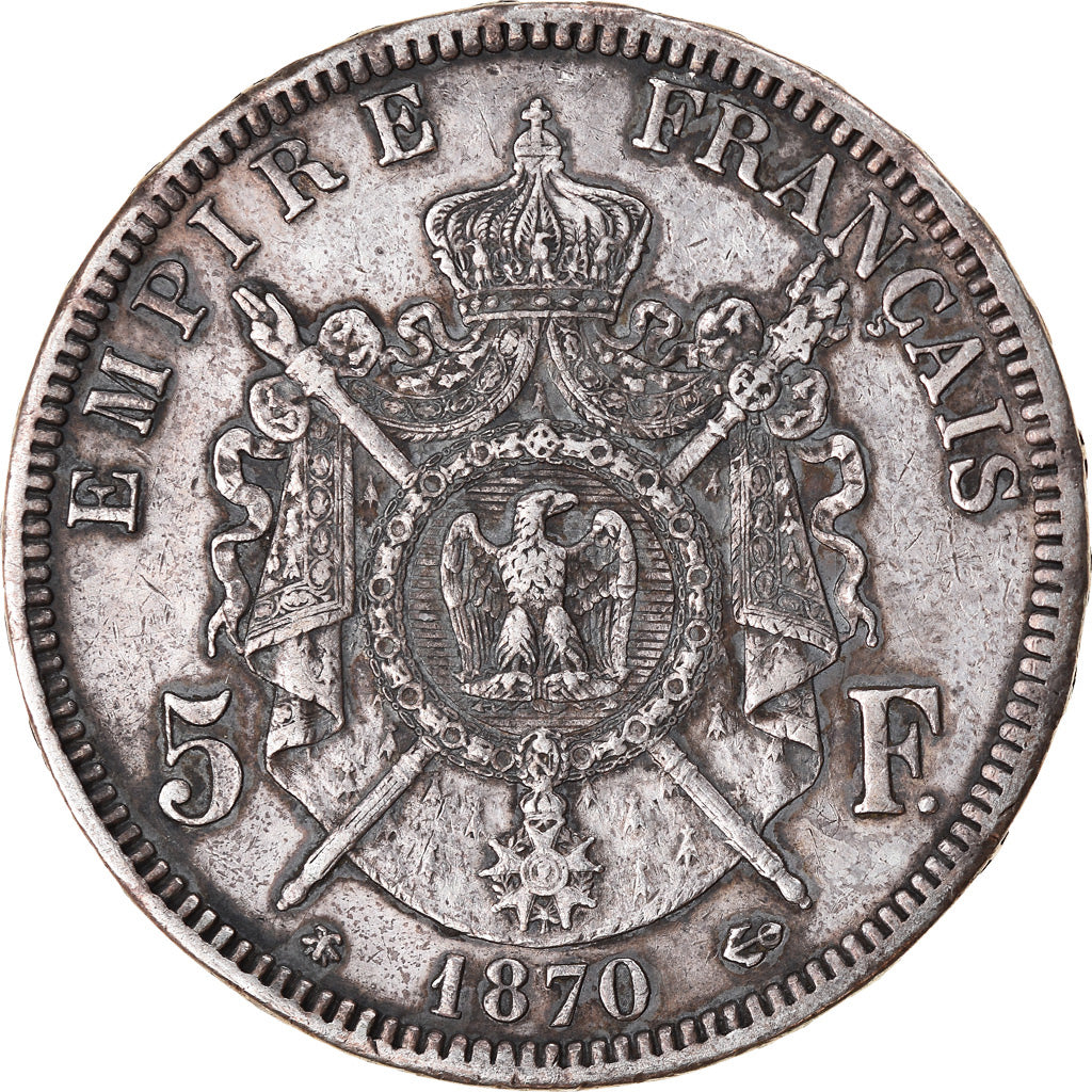 Moneda, Francia, Napoleon III, Napoléon III, 5 Francs, 1870, Paris, BC+, Plata