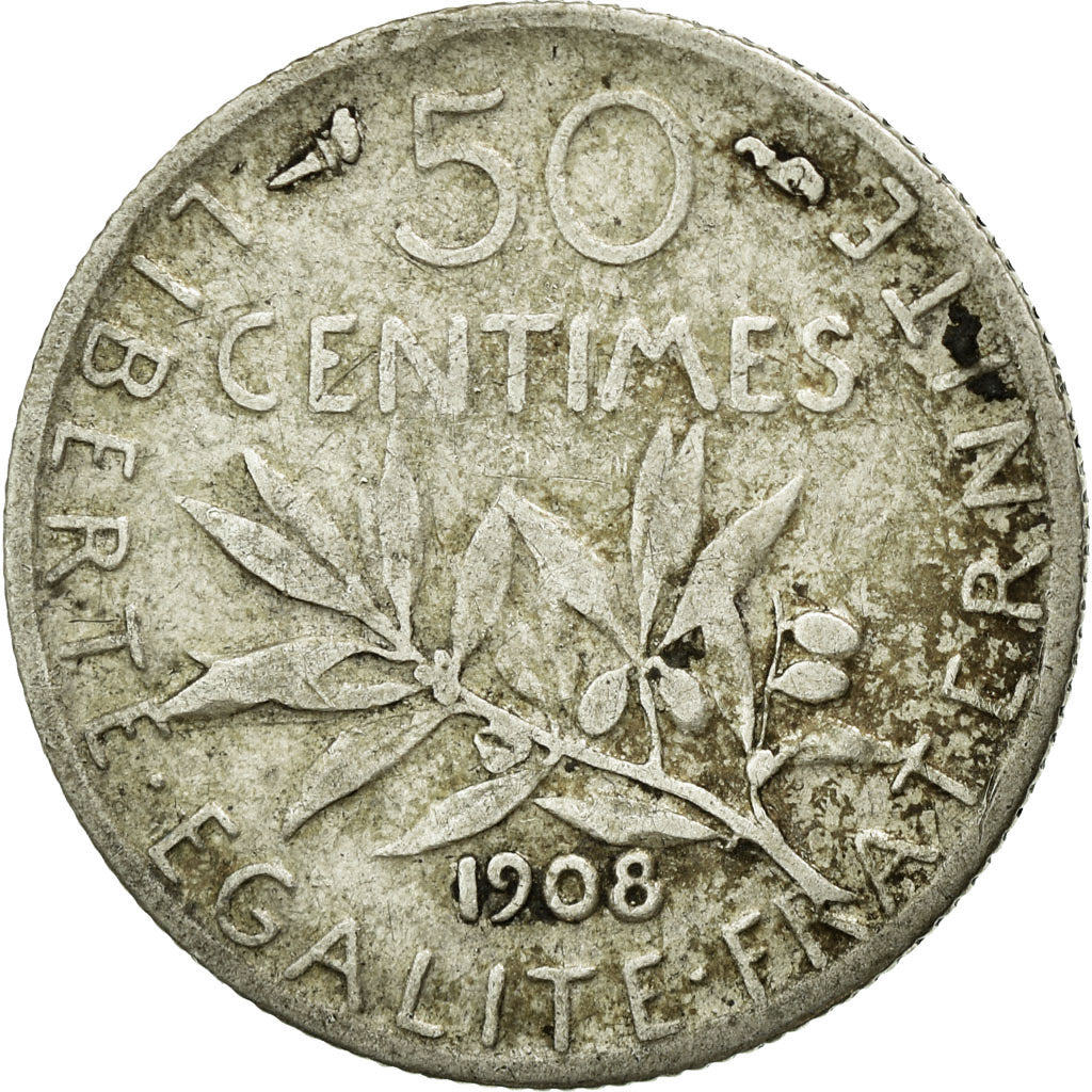 Coin, France, Semeuse, 50 Centimes, 1908, Paris, VF(30-35), Silver, KM:854