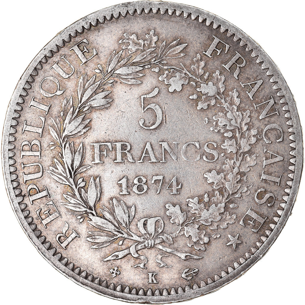 Moeda, França, Hercule, 5 Francs, 1874, Bordeaux, EF(40-45), Prata, KM:820.2
