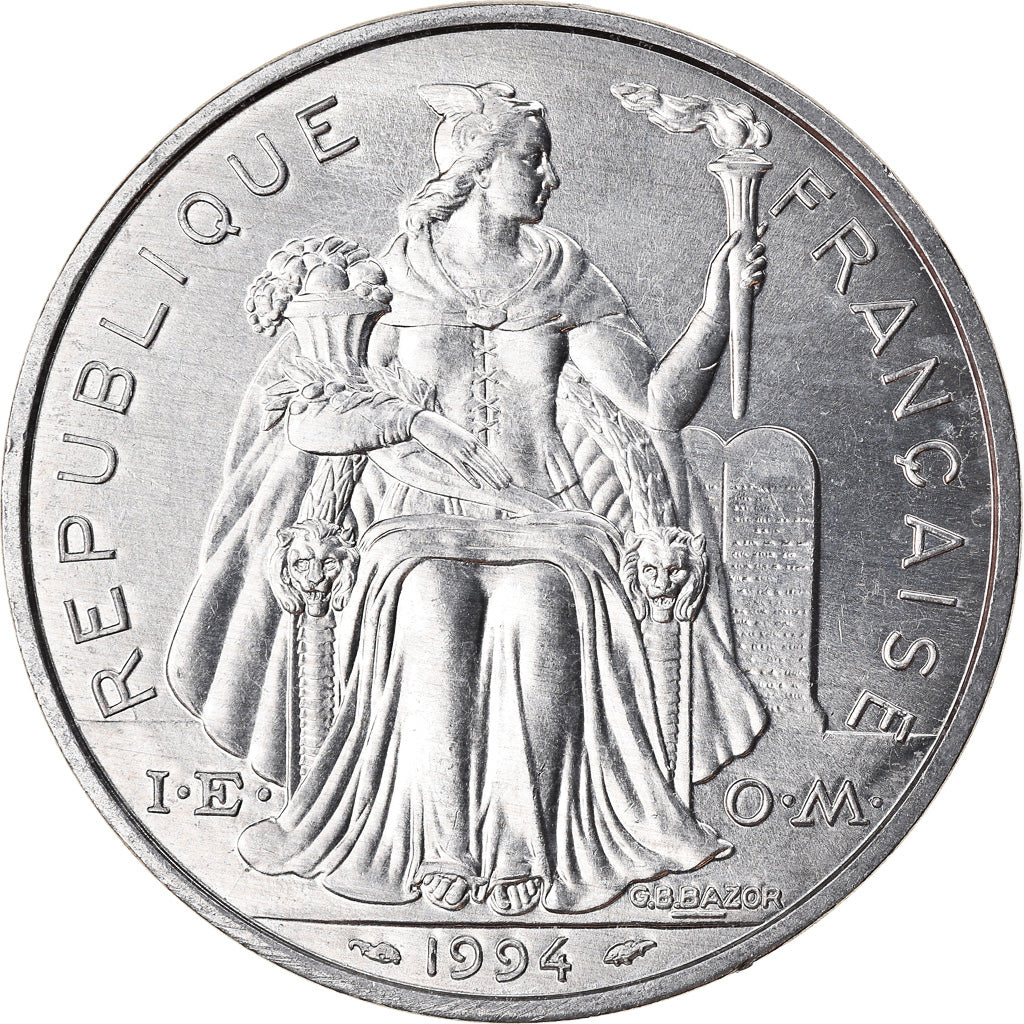Moeda, Polinésia Francesa, 5 Francs, 1994, Paris, MS(60-62), Alumínio, KM:12