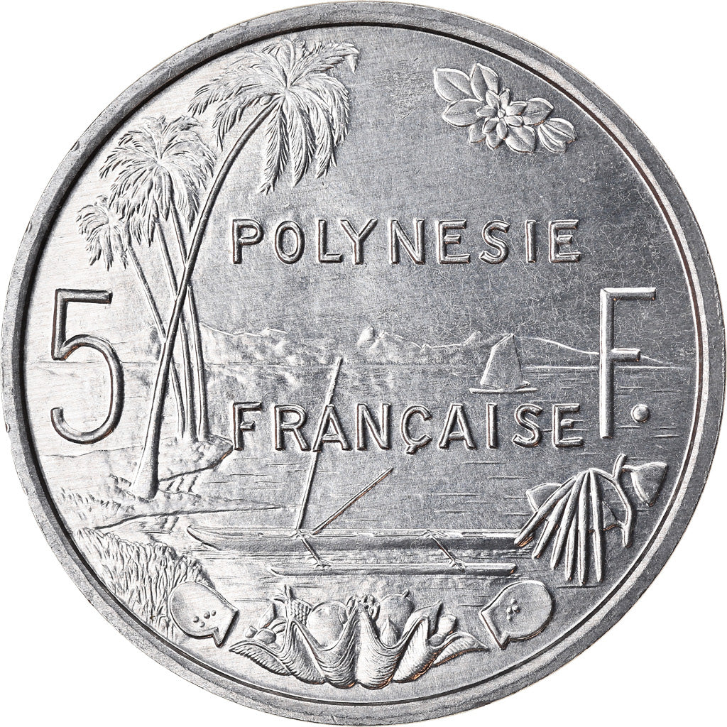 Moeda, Polinésia Francesa, 5 Francs, 1994, Paris, MS(60-62), Alumínio, KM:12
