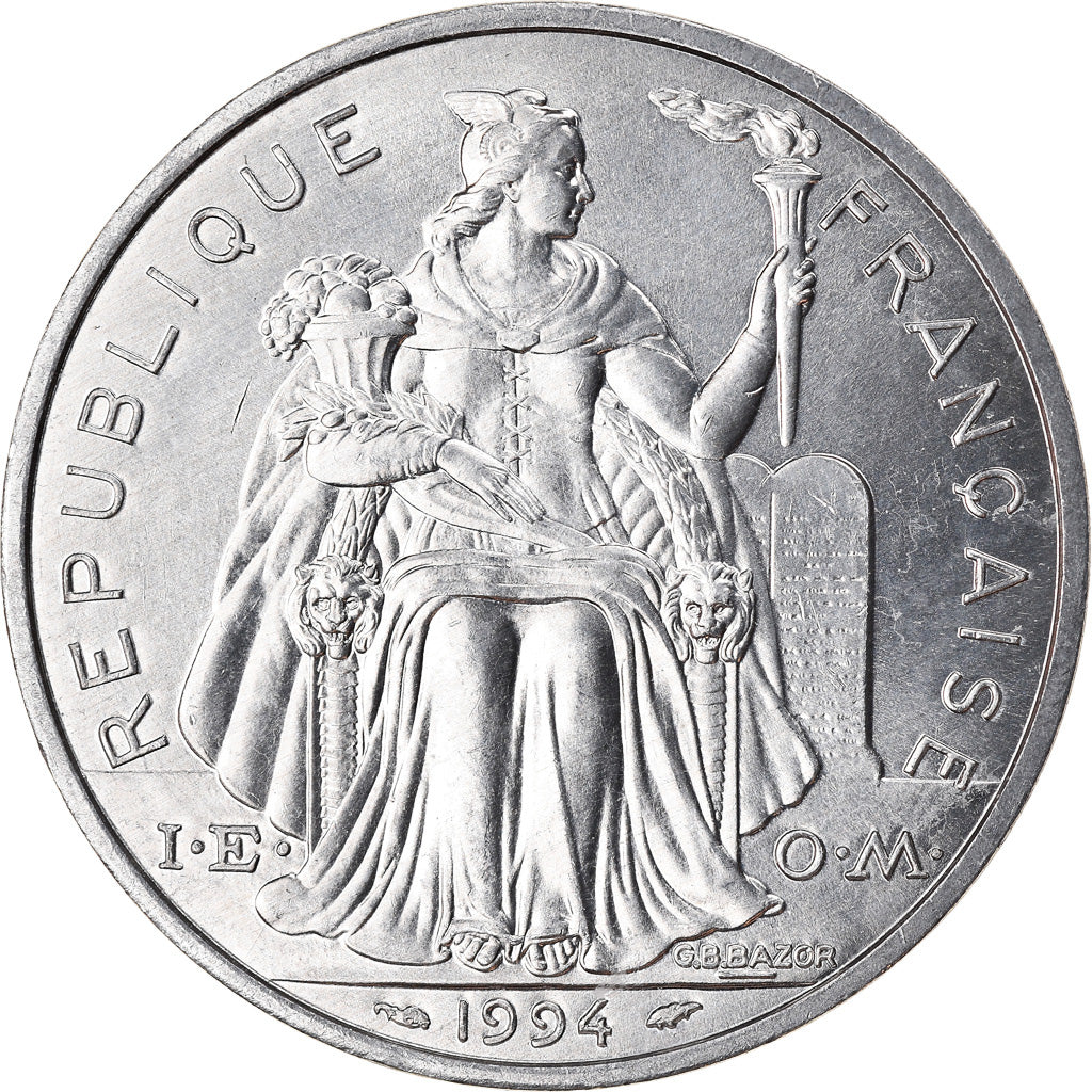 Moeda, Polinésia Francesa, 5 Francs, 1994, Paris, MS(63), Alumínio, KM:12