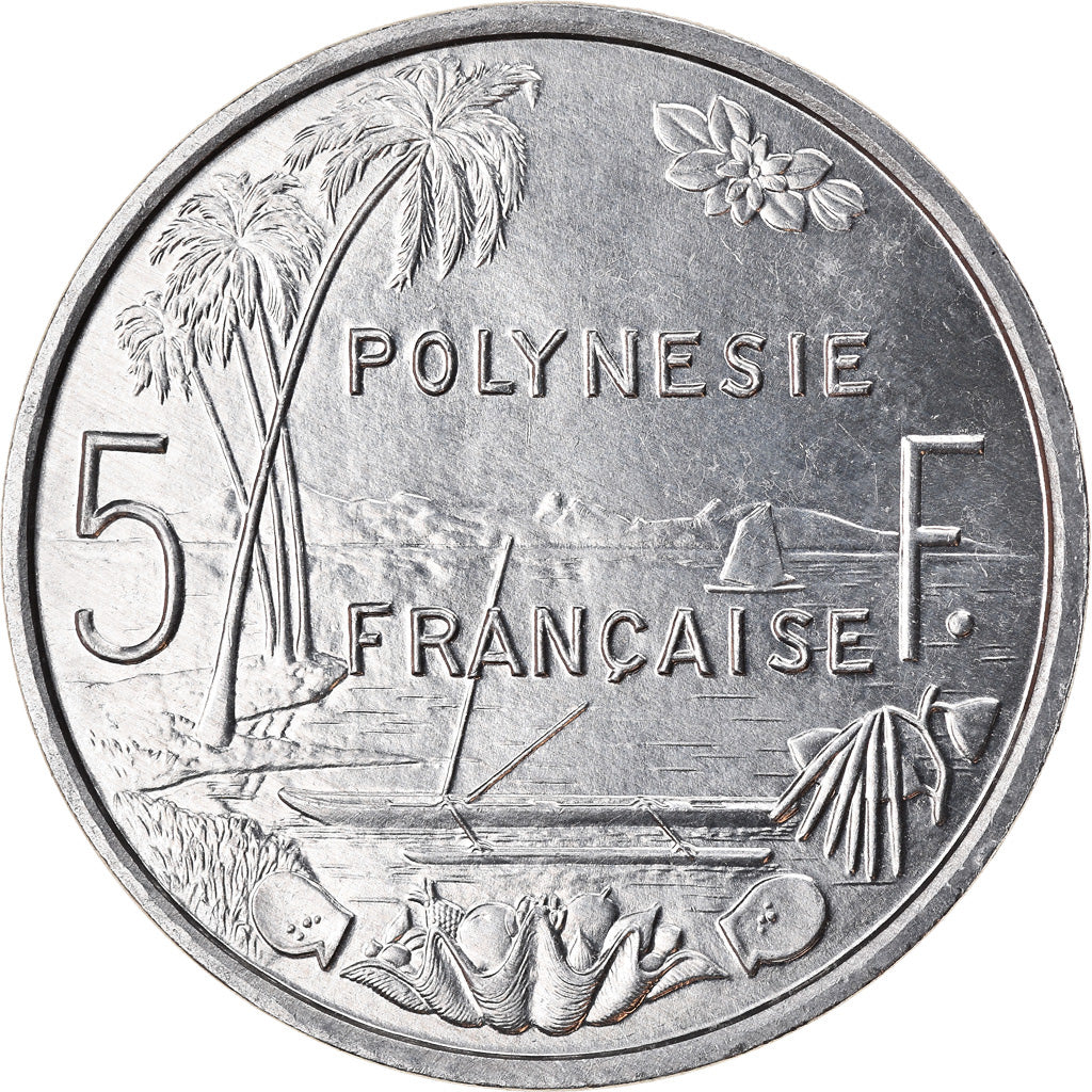 Moeda, Polinésia Francesa, 5 Francs, 1994, Paris, MS(63), Alumínio, KM:12