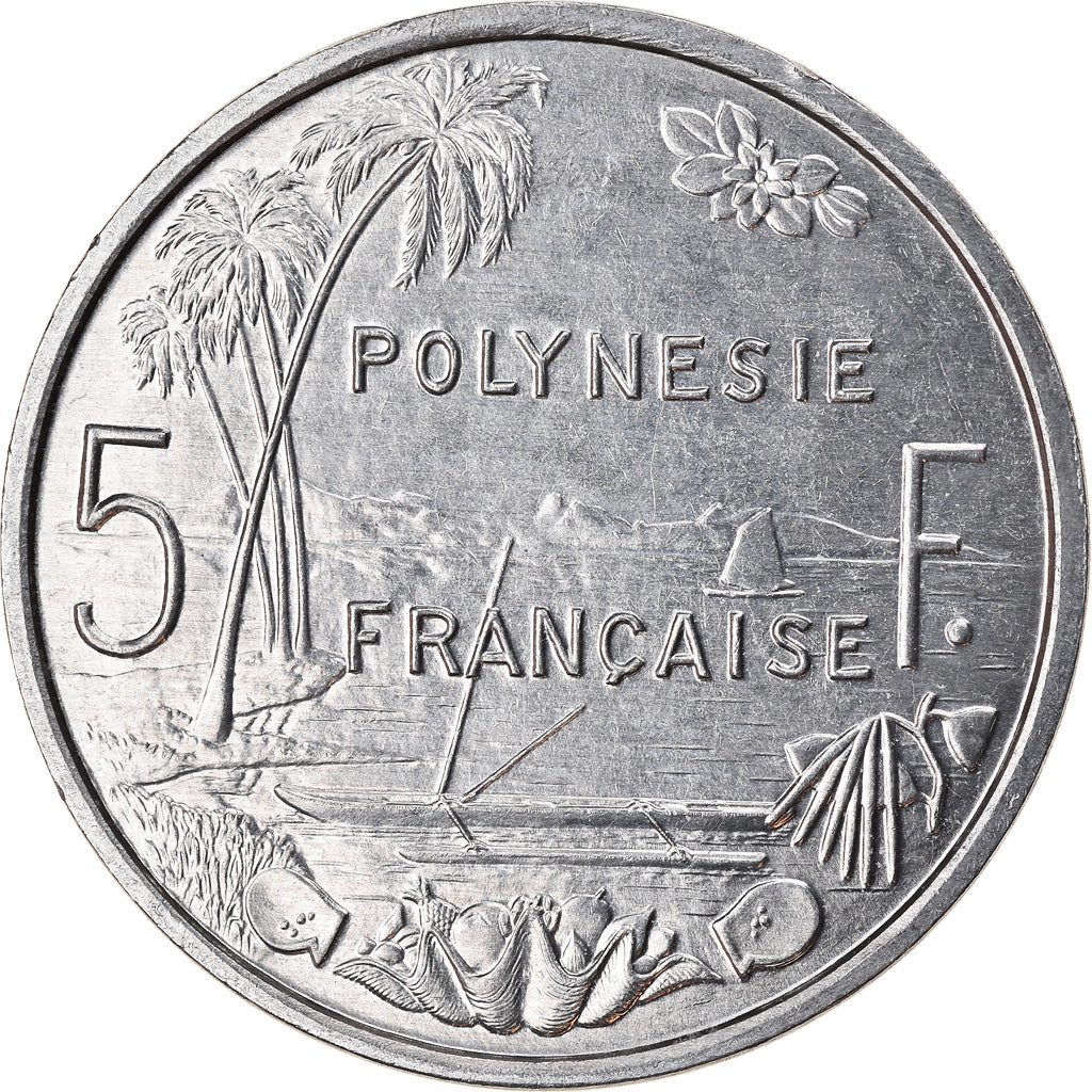 Moeda, Polinésia Francesa, 5 Francs, 1994, Paris, MS(63), Alumínio, KM:12