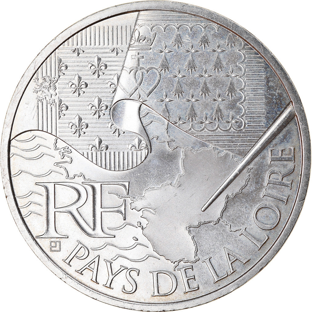 France, 10 Euro, Pays de la Loire, 2010, MS(63), Silver, KM:1665