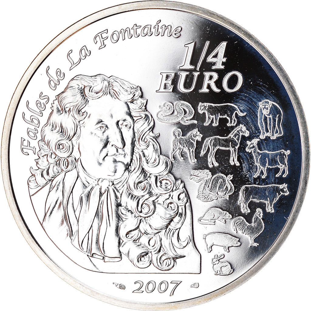Francja, 1/4 Euro, Fables de La Fontaine, 2007, Paris, BU, MS(65-70), Srebro