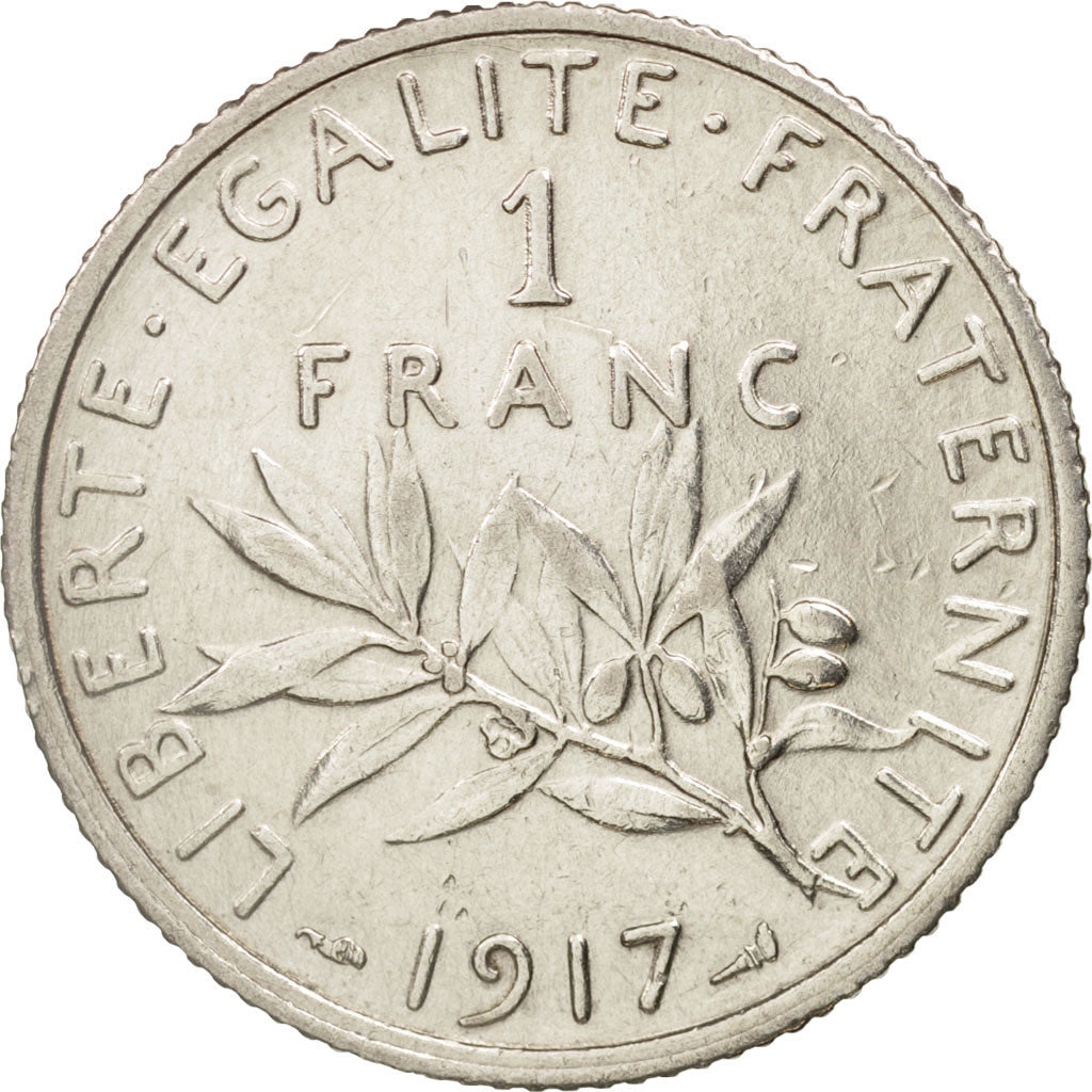 France, Semeuse, Franc, 1917, Paris, AU(55-58), Silver, KM:844.1, Gadoury:467