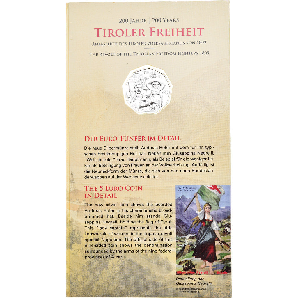 Austria, 5 Euro, Insurrection populaire au Tyrol, 2009, BU, MS(65-70), Silver