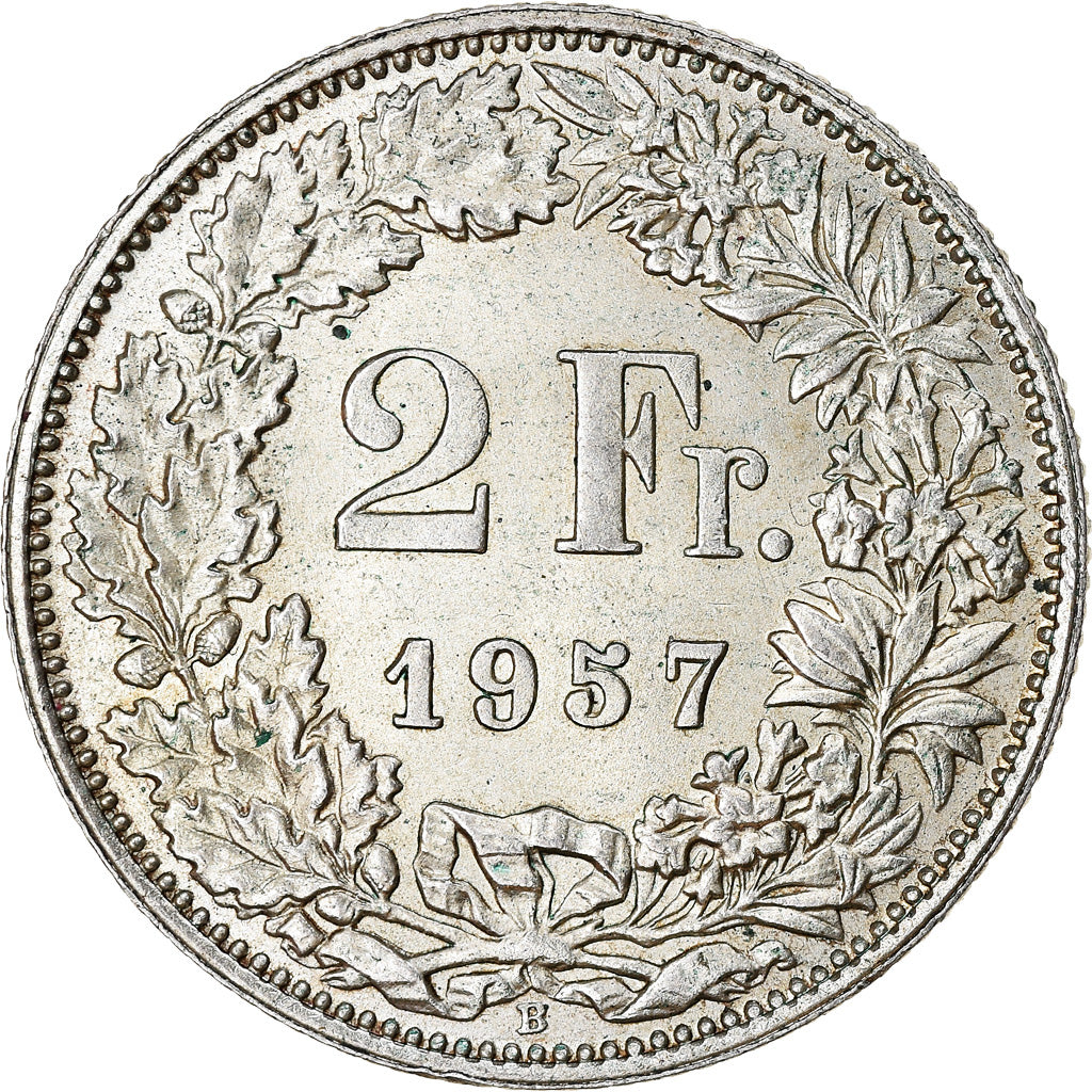 Coin, Switzerland, 2 Francs, 1957, Bern, AU(55-58), Silver, KM:21