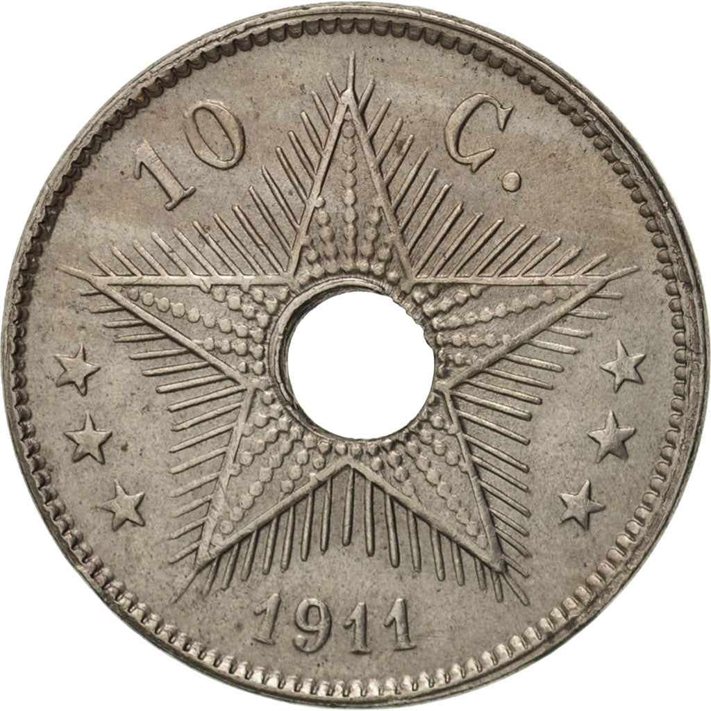 Coin, Belgian Congo, 10 Centimes, 1911, Heaton, AU(50-53), Copper-nickel, KM:18