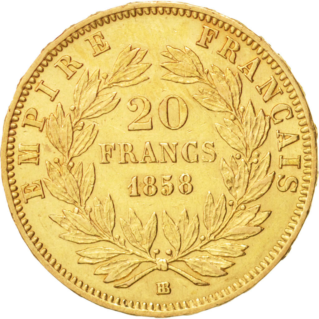 France, Napoleon III, 20 Francs,1858,Strasbourg,AU(50-53),KM 781.2, Gadoury 1061